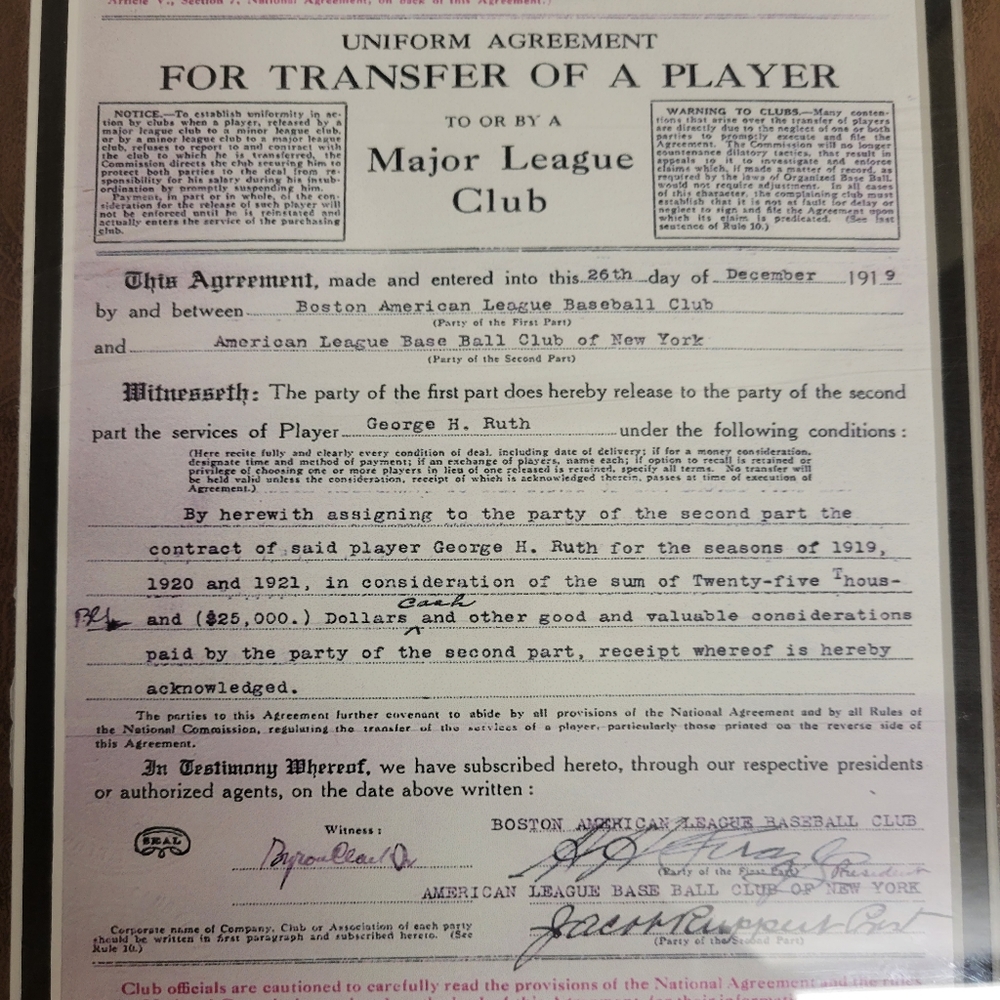 Framed Babe Ruth Transfer Contract - Picture 2 of 5